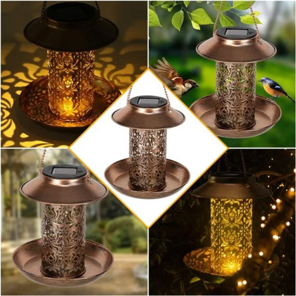 Solar BirdFeeder Decorative Metal Panel Hanging BirdHouse with Light for Feeding